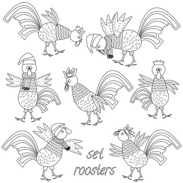 
A set of seven black and white funny cocks, symbol of the year