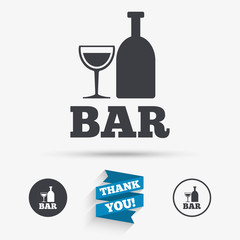 Bar or Pub sign icon. Wine bottle and Glass.