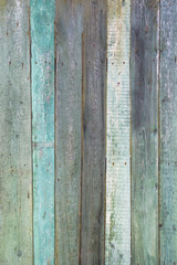 Old, grunge wood panels painted in turquoise color used as background.