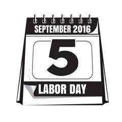 Black and white Labor Day calendar icon. Labor Day 2016. Illustration isolated on white background