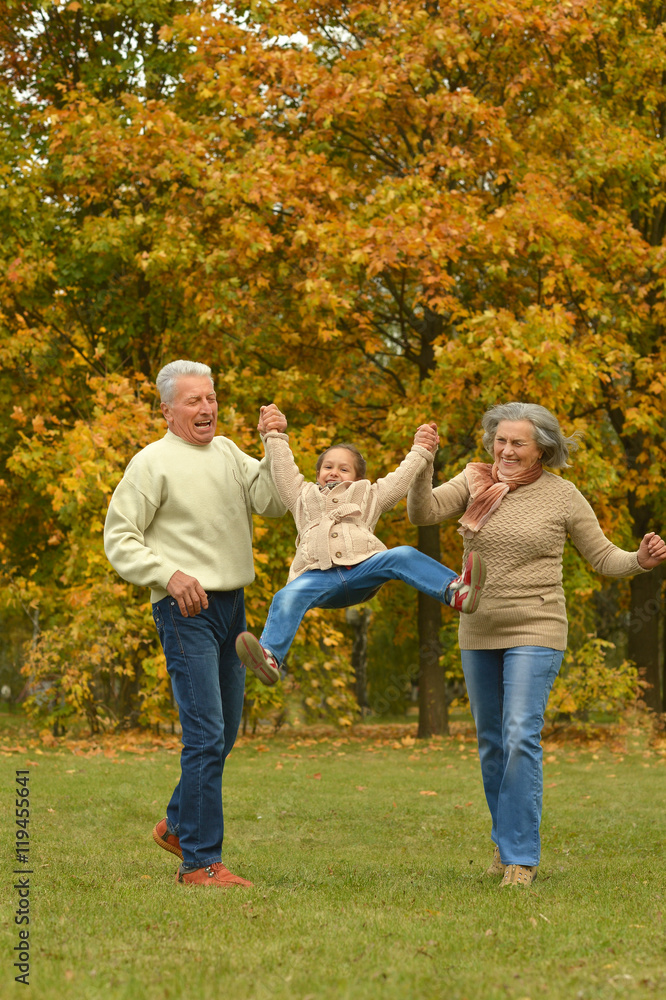 Sticker Grandparents with granddaughter having fun in park