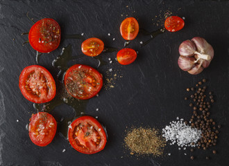Food background, sliced tomatoes