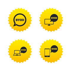 BYOD signs. Notebook and smartphone icons.