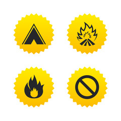 Tourist camping tent sign. Fire flame icons.