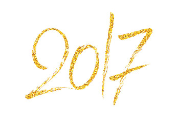 Happy New Year of the Rooster greeting card design template with gold glittering texture and chinese calligraphy text 2017 isolated on white background. Vector illustration with typography