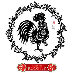 Traditional Chinese Paper cut rooster, chinese zodiac. Translation: year of the rooster