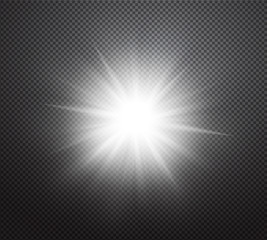 Fototapeta premium Realistic sun with beams or lens flare isolated on checkered background. Special vector light effect with transparency