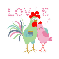 Cute cartoon cock and hen - symbol of 2017. The word Love consisting of hearts.