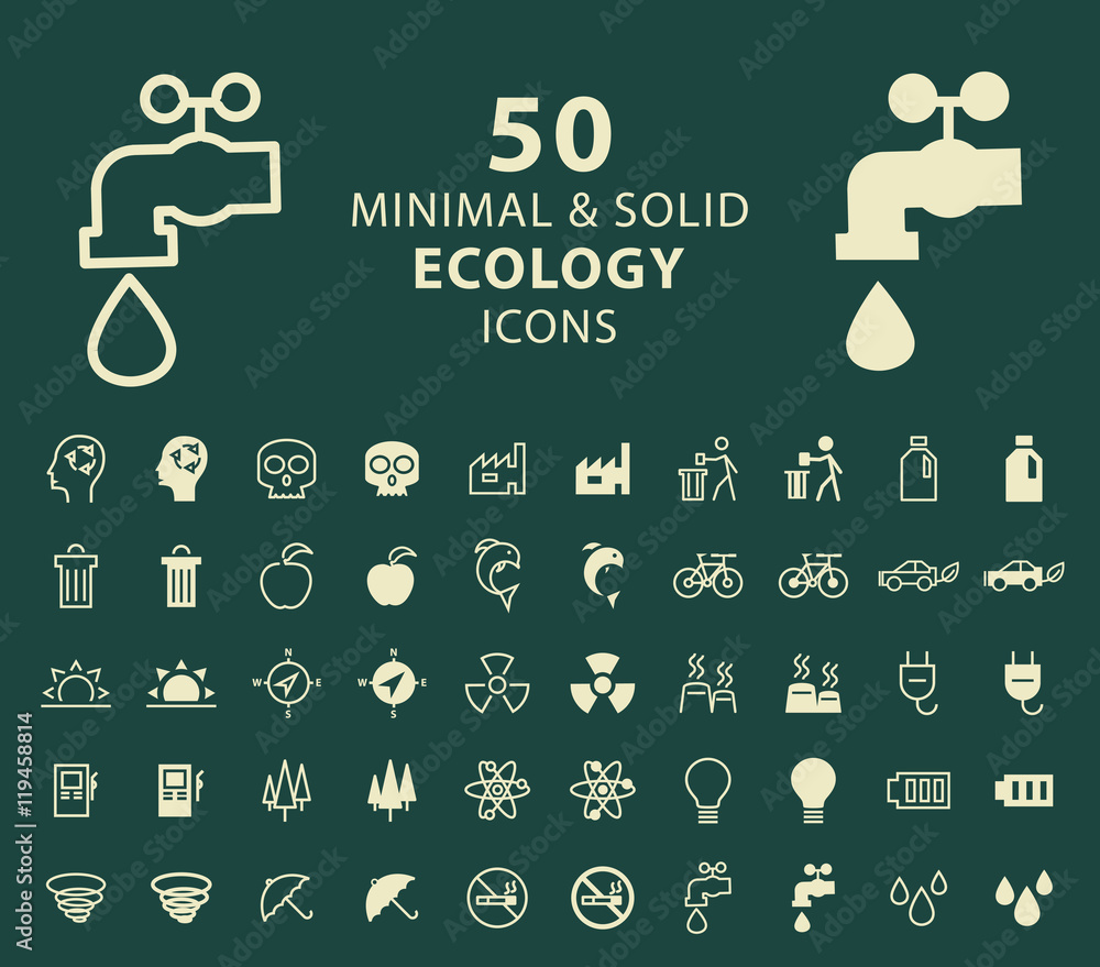 Poster set of 50 ecology minimal and solid icons. vector isolated elements.