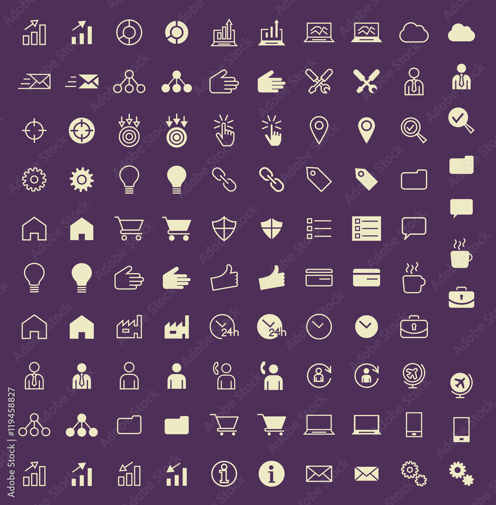 Poster set of 100 business and seo minimal and solid icons. vector isolated elements.