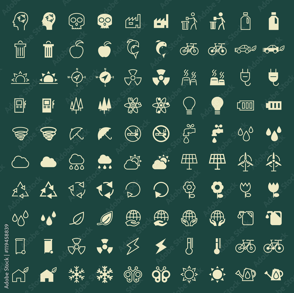 Poster set of 100 ecology minimal and solid icons. vector isolated elements.