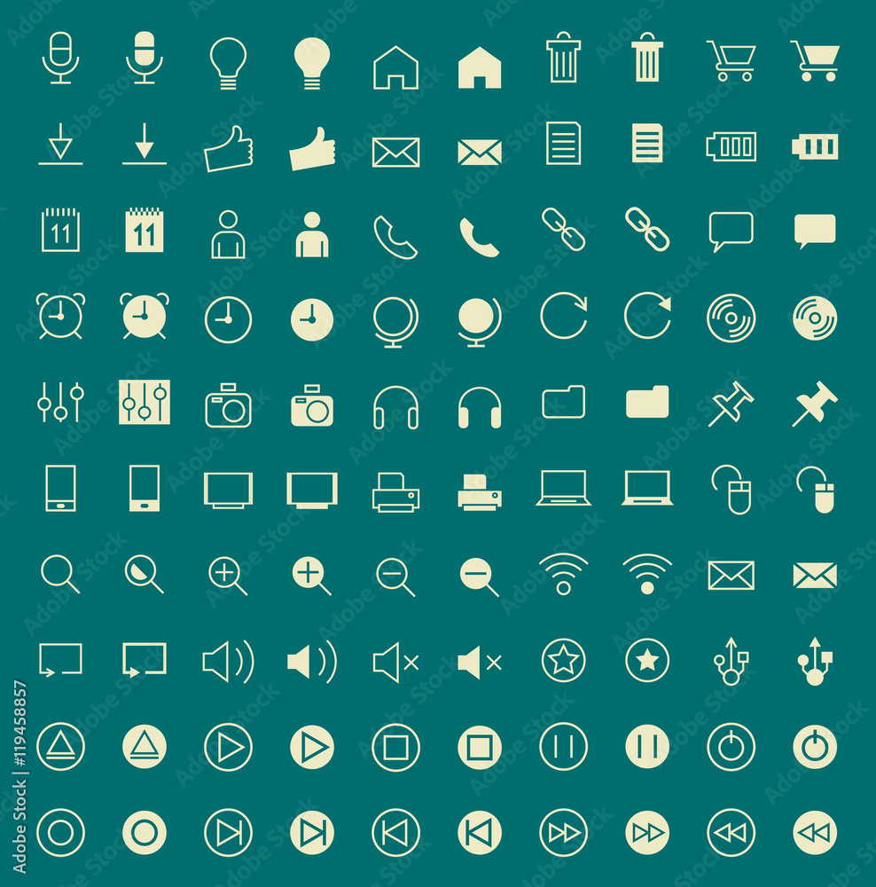 Poster set of 100 multimedia minimal and solid icons. vector isolated elements.
