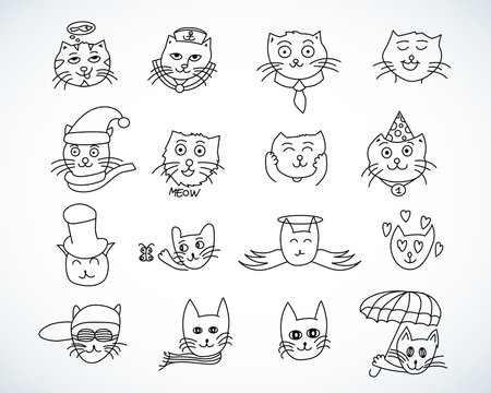 Cute cat heads set in hand drawn. Pet animal vector illustration
