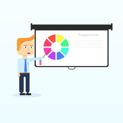 Happy businessmen characters smiling shows presentation on projection screen. Startup entrepreneur presenting information. Vector isolated flat illustration.