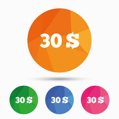 30 Dollars sign icon. USD currency symbol.