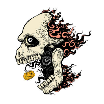 Evil skull in fire hand draw vector cartoon illustration 