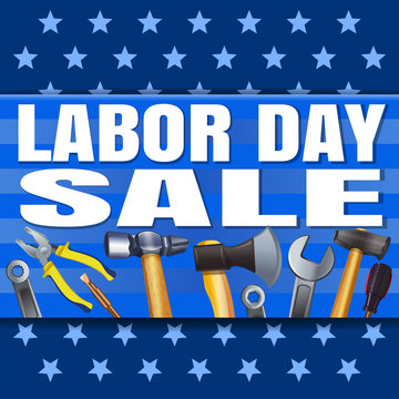 Labor Day Sale. Blue banner with stars and a variety of tools