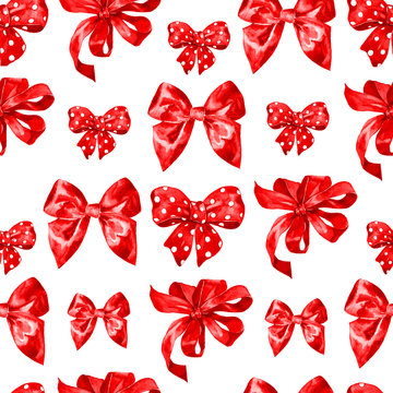 Watercolor red pink bow tape ribbon seamless pattern