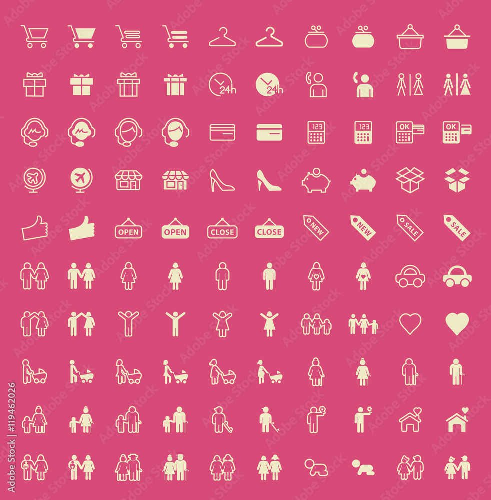 Poster set of 100 family and shopping minimal and solid icons. vector isolated elements.