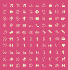 Set of 100 Family and Shopping Minimal and Solid Icons. Vector Isolated Elements.