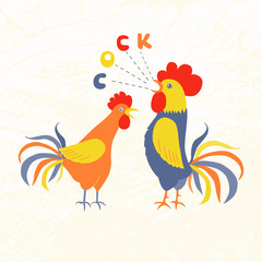 Two lovely cockerels on a white background.