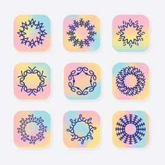 Abstract line round symbolic emblems set on colorful gradient square icons