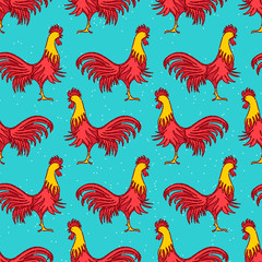 Rooster seamless pattern for Chinese New Year celebration. Festive decoration design template with red cocks as symbol of 2017. Vector illustration.