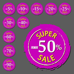 Purple discount percentage stamp set. Super sale label. Special offer sticker. Discount tag. Vector isolated object.