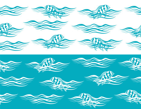 Ocean seamless borders with fish in the waves. Vector illustration