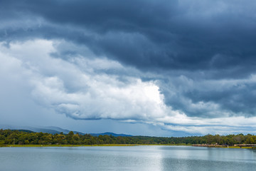 Lake view, and dark blue cloudy sky at Huay Tung Tao, Chiang Mai
