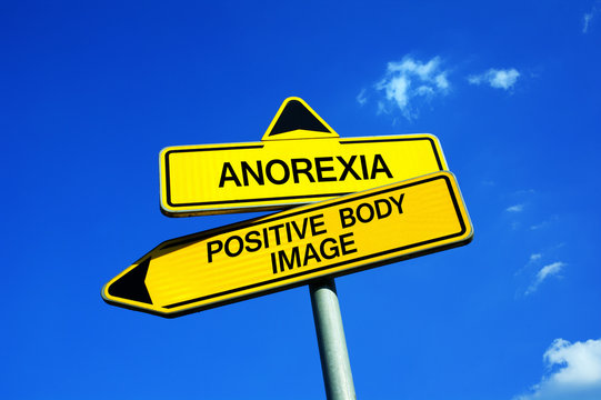 Anorexia vs Positive Body Image - Traffic sign with two options - eating disorder vs acceptance of body with imperfections ( overweight and low physical attractiveness ). 