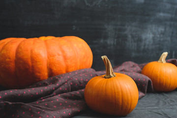 three pumpkins on a black background