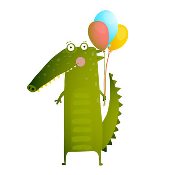 Kids Watercolor Style Crocodile with Balloons Colorful Cartoon