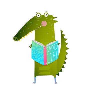 Childish Student Crocodile Reading Book and Study