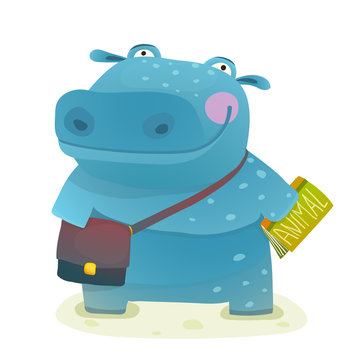 recommend clip art: Hippopotamus Kid Student with Book and Bag Going to School