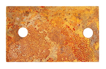 Rusty torn metal plate with holes for screws, isolated on white background