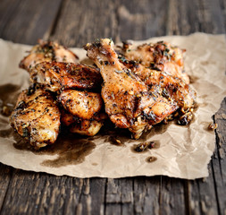 fried wings on a wooden background