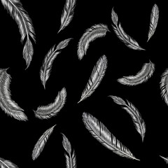 Hand drawn feather illustration. Feather pattern on black background.