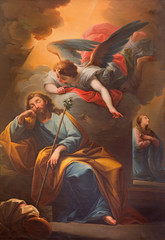 SEGOVIA, SPAIN, APRIL - 14, 2016: The vision of angel to St. Jospeh in the dream painting in Catedral by unknown artist of 19. cent.
