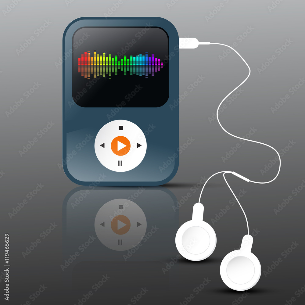Poster mp3 player. abstract vector mp3 player with headphones and frequency graph on display.