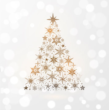 Christmas tree with stars and snowflakes. Hand drawn doodle sketch illustration on white glowing background