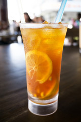 Close up of Lemon Iced Tea on a glass