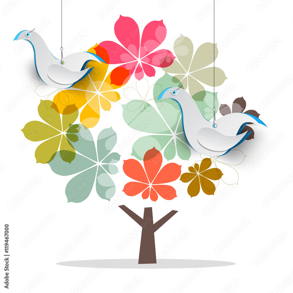 Poster tree with dove birds. abstract vector chestnut tree with paper cut birds.