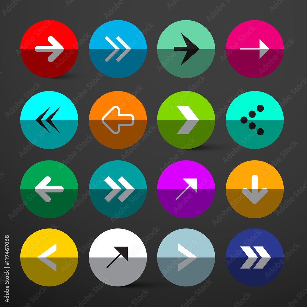 Poster arrow buttons set. vector colorful circles with arrows signs on dark background.