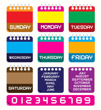 Calendar Set. Vector Retro Colorful Paper Calendars Template, Layout with Weekdays - Months and Numbers. Perfect for Original Design Projects.