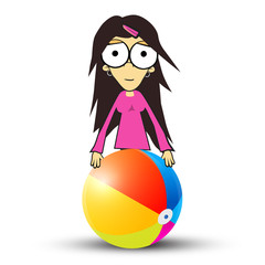 Girl - Woman in Pink Clothes Holding Beach Ball. Vector Summer Portrait Isolated on White Background.