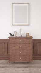 Retro wooden chest of drawers, an empty frame on the white wall.