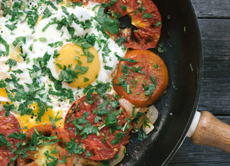 Breakfast of eggs. Flat lay Omelette. Top view.