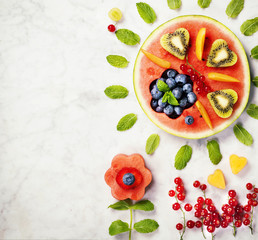 Summer fruit concept. Watermelon, fruits, berries and mint leave