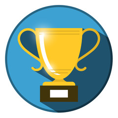 Gold Vector Win Trophy Cup Icon on Blue Circle. Flat Design Long Shadow Illustration Isolated on White Background.